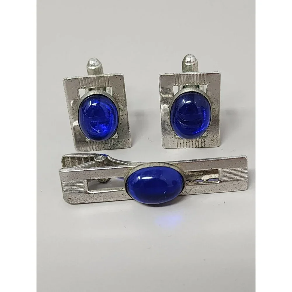 Vintage Tie Clip &‎ Cufflinks Signed ANSON Cobalt Blue Lucite & Silver